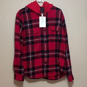 Red and Black Plaid Button-Up Shirt with Hood